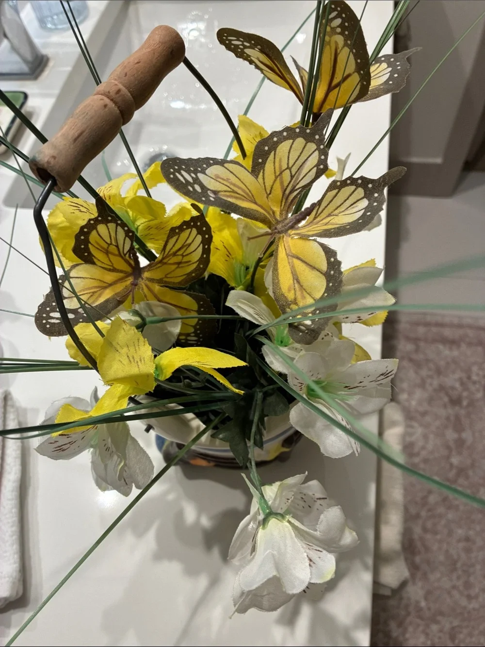 Hand-Crafted Floral Ceramic Vase with Yellow Silk Flowers